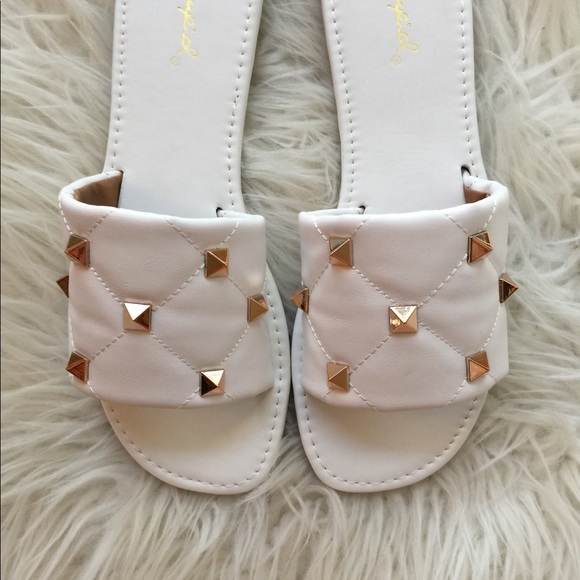 Spiked White Quilted Square Toe Sandals - Picture 3 of 16